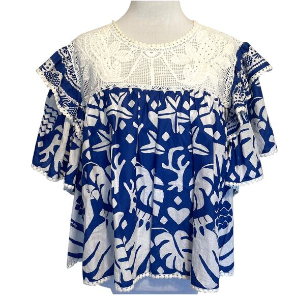 Farm Rio Jungle Scarf Ruffle Lace Blouse Womens Large Blue White Flutter Sleeve - Picture 2 of 11